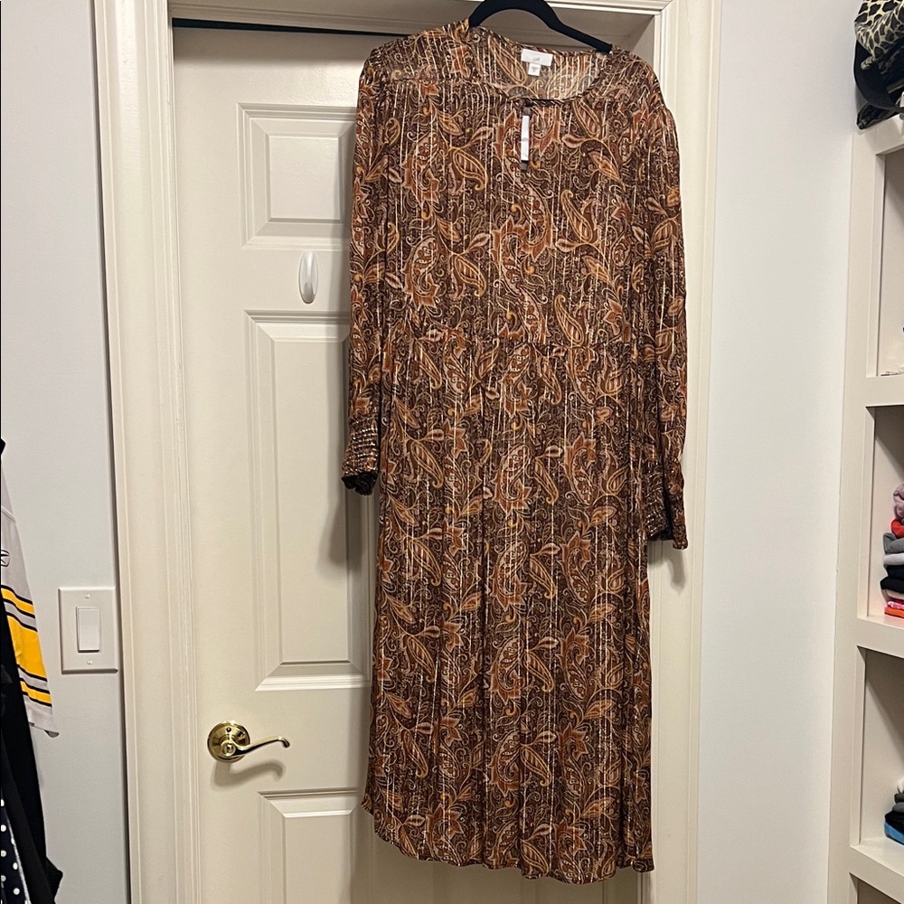 J. Jill Brown and Tan Paisley Print & Gold Thread Midi Long Sleeve Dress